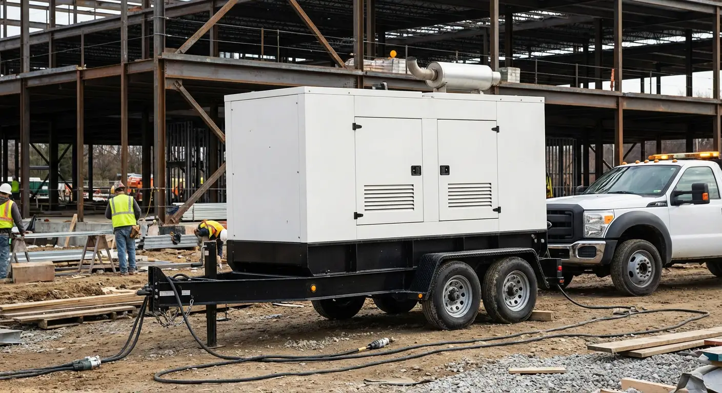 A rugged 100kW towable generator positioned on a dusty construction site near a steel framework, with yellow heavy-duty cables running toward the structure. in Southampton, NY