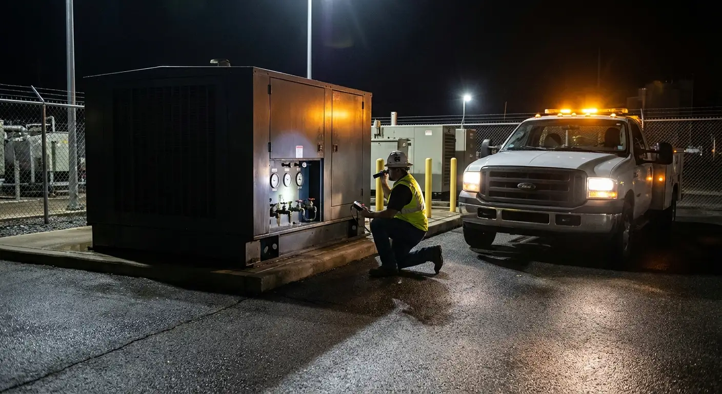 Nighttime shot of a fuel technician monitoring a flow meter while refueling a massive white standby generator enclosure near a secure building. in Southampton, NY