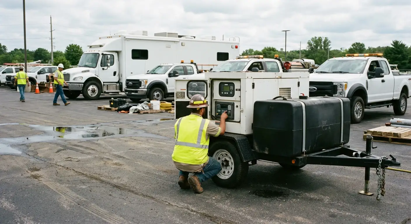 A high-angle shot of an emergency response staging area with a large black mobile command vehicle (bus style); a white industrial generator sits adjacent, with a technician checking the control panel. in Southampton, NY