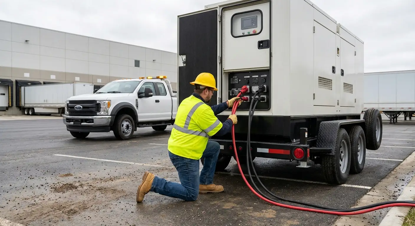 A 500kW mobile generator parked next to a large modern distribution center loading dock at dusk, powering temporary floodlights and equipment. in Southampton, NY