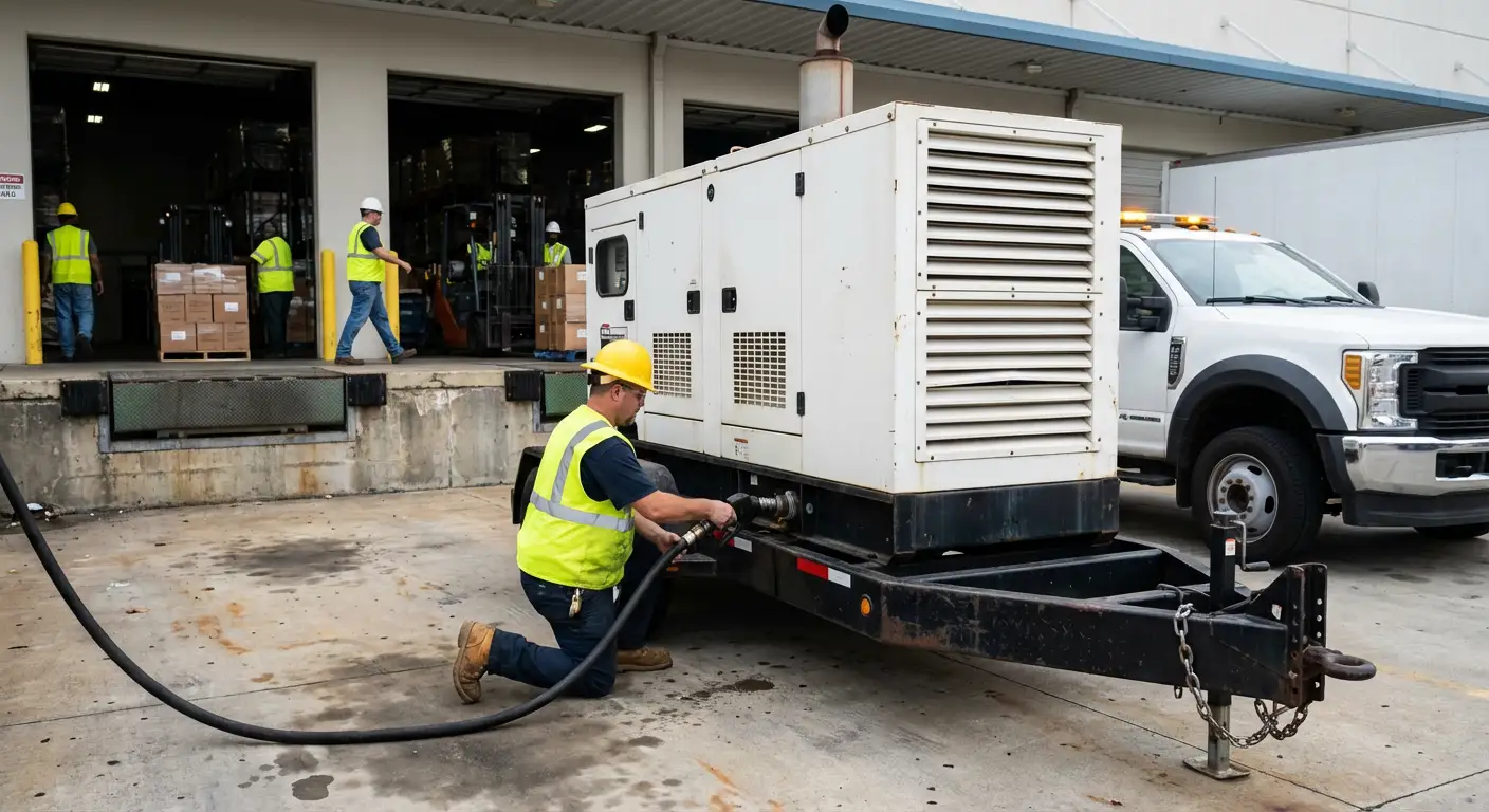 A commercial fuel bobtail truck parked next to a large industrial generator at a busy warehouse loading dock, filling the tank. in Southampton, NY