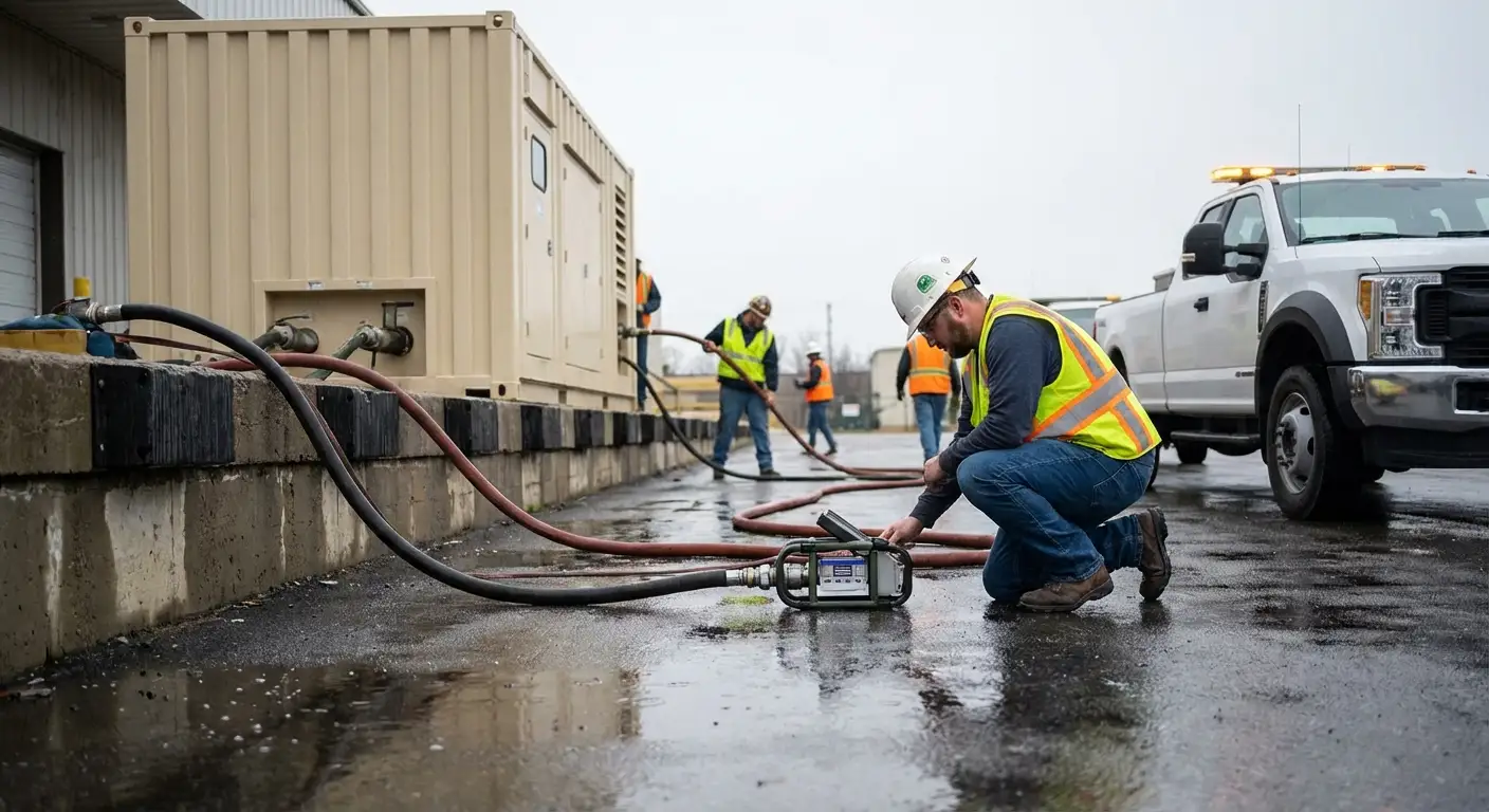 A massive 500kW containerized generator parked in a commercial loading dock during a rainy evening, with a fuel truck parked alongside extending a hose. in Southampton, NY