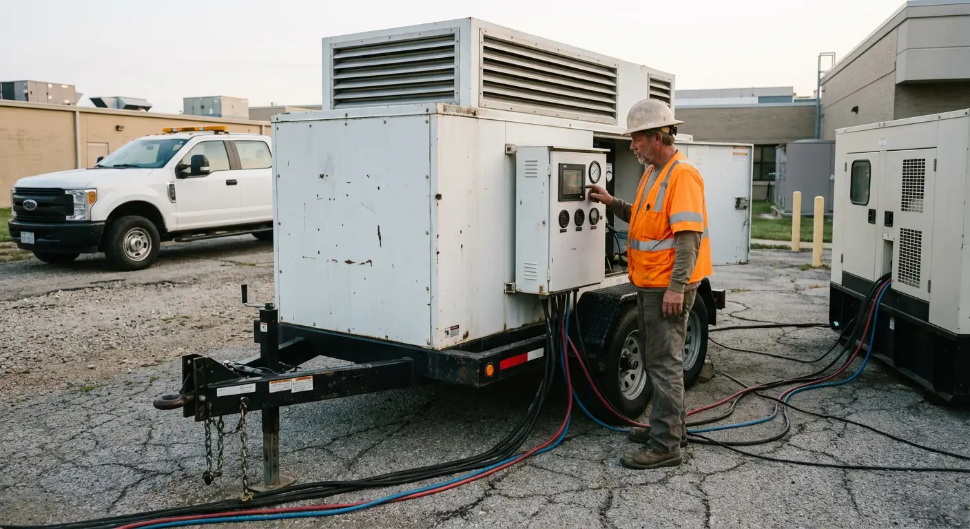 Technician in high-visibility gear adjusting controls on a portable load bank unit stationed outside a hospital utility bay at dawn. in Southampton, NY