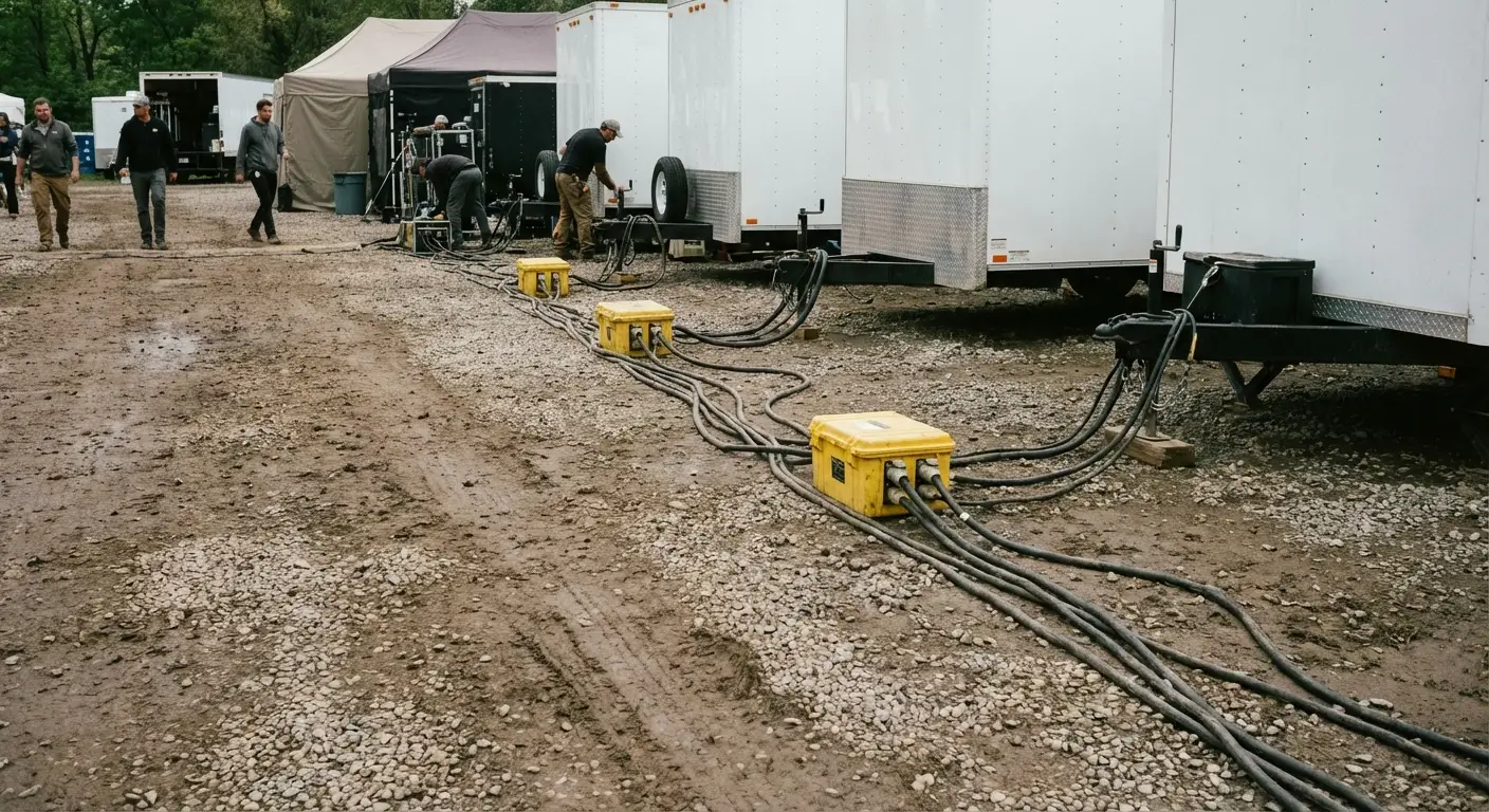 A behind-the-scenes view of a film production base camp; a row of white talent trailers is visible, with yellow cable ramps protecting heavy-duty power cables running along the ground. in Southampton, NY