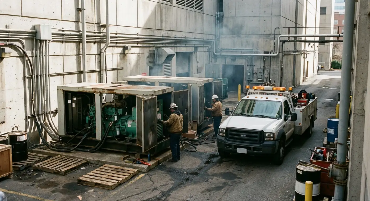 Two large white industrial generators connected in parallel outside a hospital utility building, with thick black cabling running into the facility. in Southampton, NY