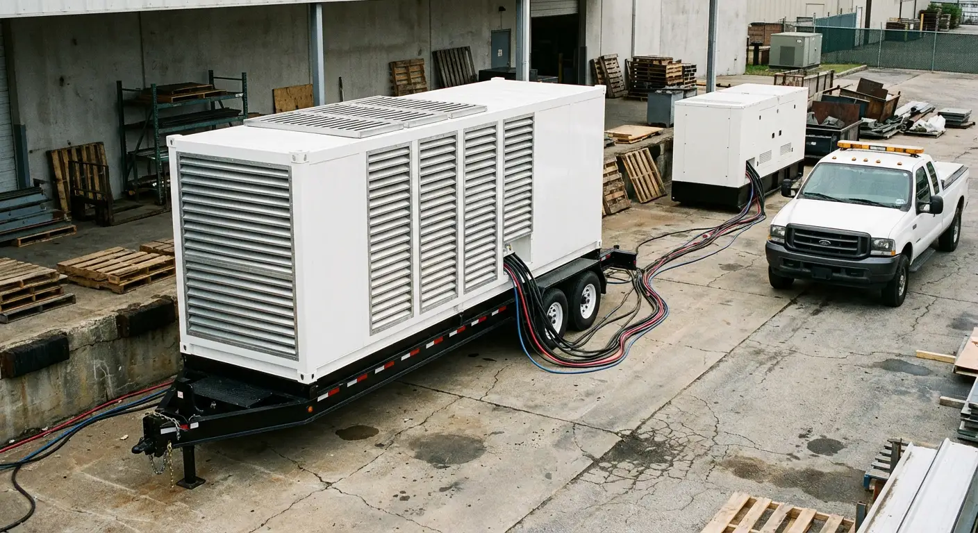 Wide shot of a large resistive load bank trailer connected to a commercial generator behind a busy warehouse loading dock. in Southampton, NY