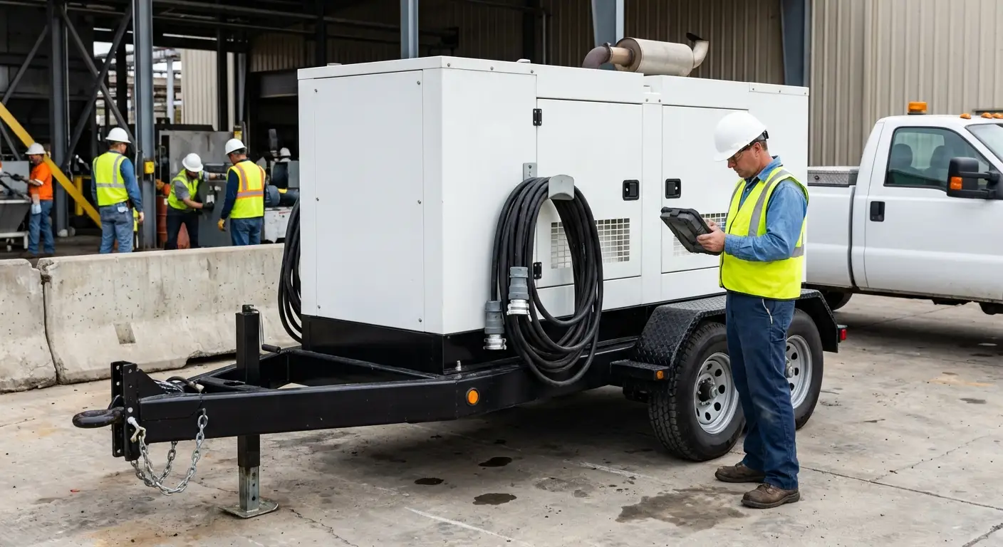 A technician checking the control panel of a towable generator stationed outside a brick factory building during the day, with industrial conduit visible. in Southampton, NY