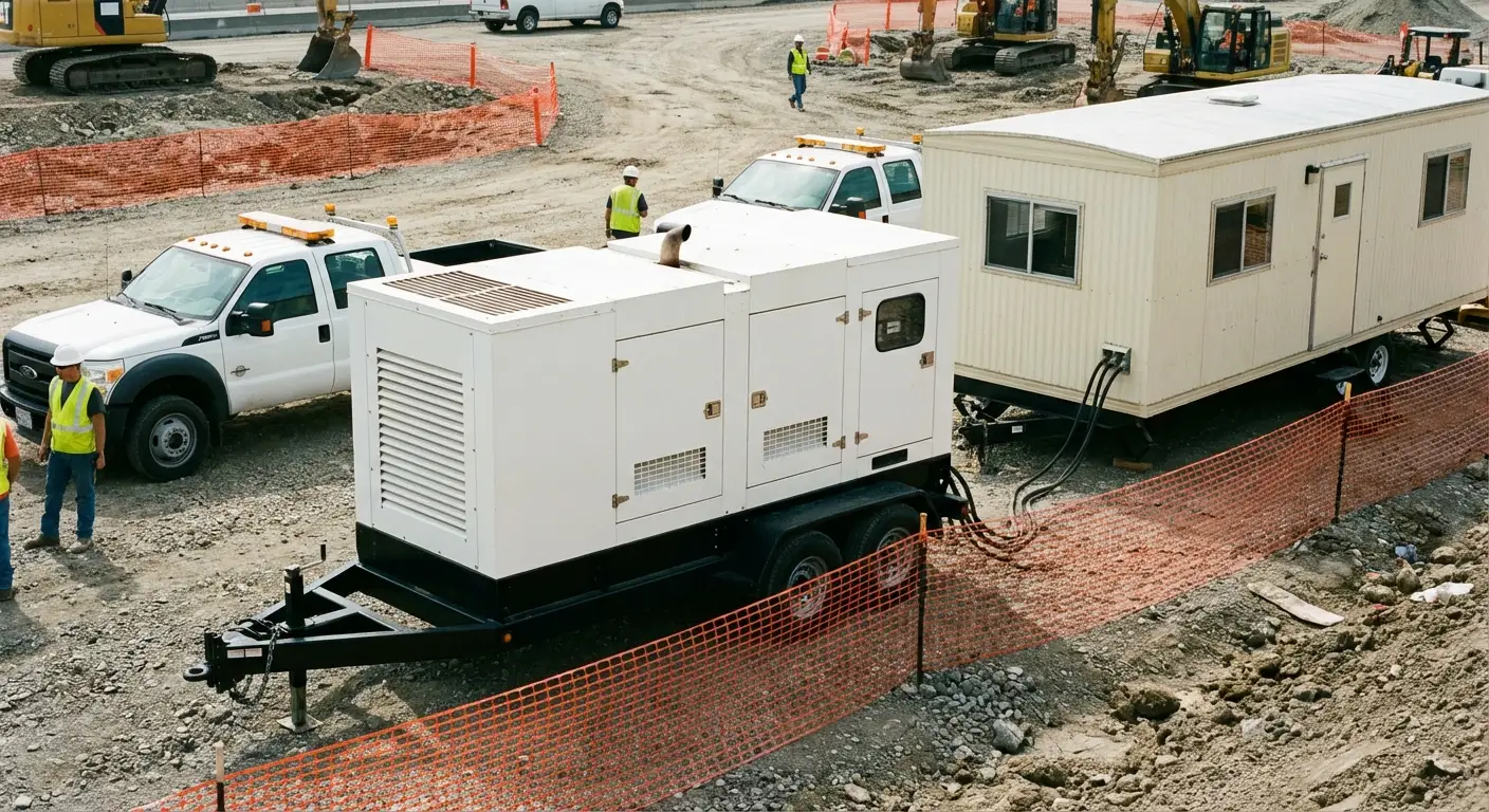 A rugged construction site setting featuring a beige mobile office trailer; in the foreground, a towable 40kW diesel generator is stationed on gravel, connected via thick black cabling to the trailer's power inlet. in Southampton, NY