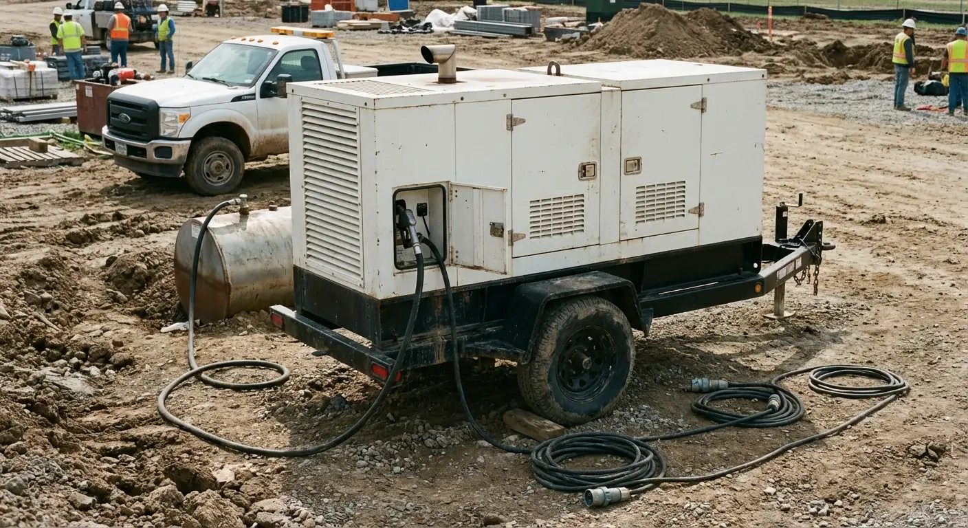 Early morning on a construction site, a fuel hose extending from a truck to a yellow towable generator sitting on gravel. in Southampton, NY