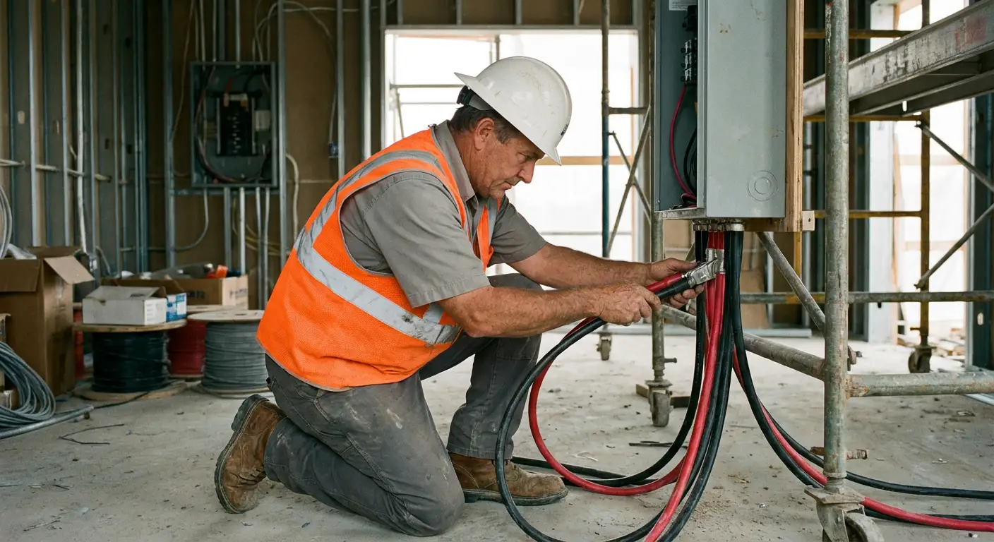 Close-up of heavy-gauge cam-lock cables being connected from a load bank to a building's main distribution panel. in Southampton, NY