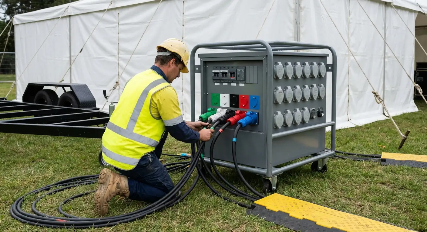 A sleek, white commercial generator placed discreetly behind a hedge at an outdoor event, connected to a distribution panel and spider boxes near a white tent. in Southampton, NY